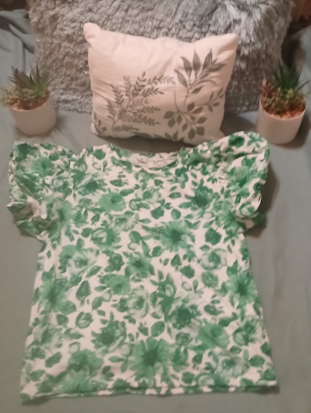 Zara White Tee with Green Floral Print and Ruffle Sleeves